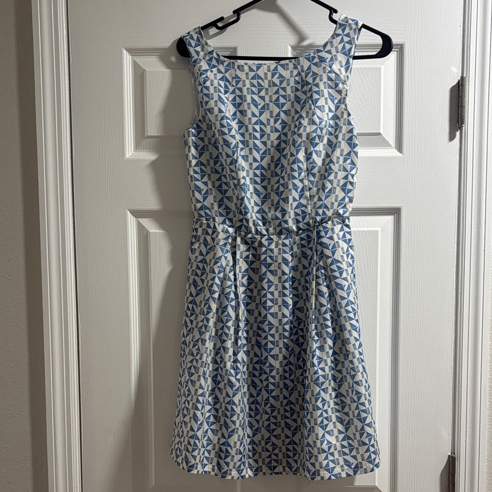 Pink Martini Blue and White Geometric Sleeveless Fit-and-Flare Dress